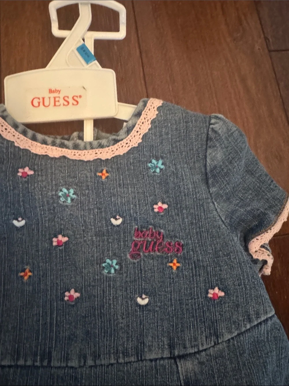 Guess Denim Girls' Dress with Pink Trim and Multicolor Floral Embroidery. NWOT